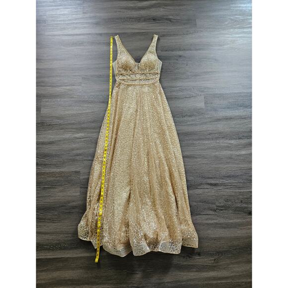 Cinderella Divine Champagne Gold V-Neck Glitter Print A-Line Prom Gown Size 4? - Picture 15 of 15
